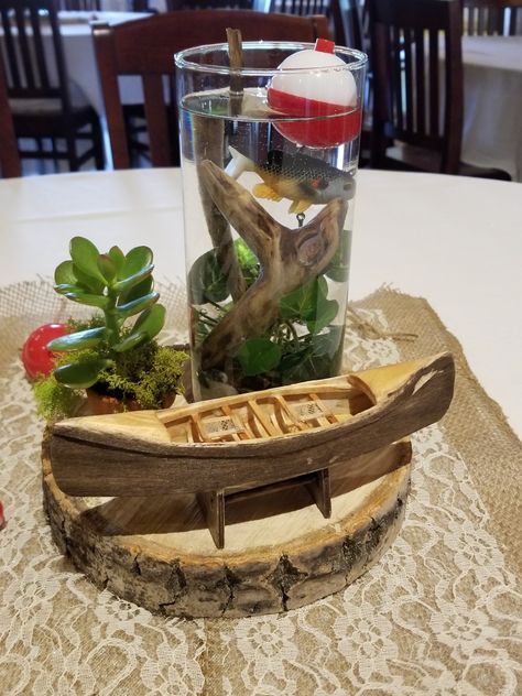 Fishing Theme Centerpieces Table Decorations, Gone Fishing Centerpieces, Lake Theme Centerpieces, Fishing Table Decorations Centerpieces, Fishing Derby Ideas Events, Fishing Themed Centerpieces, River Themed Party, Gone Fishing Retirement Party Ideas, Bayou Themed Party Ideas