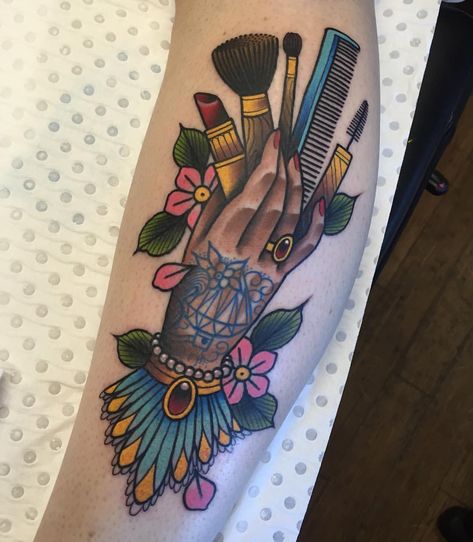 Make Up Artist Tattoos Ideas, Makeup Artist Tattoo Ideas, Cosmetology Tattoos, Artist Tattoo Ideas, Hand Tattoo Cover Up, Makeup Artist Tattoo, Tattoo Makeup Coverup, Hairstylist Tattoos, Nice Tattoos