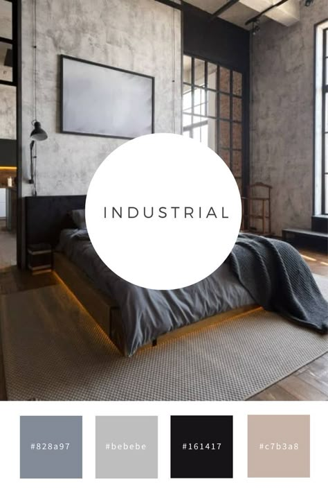 Concrete wall paper for master bedroom Industrial Chic Bed, Industrial Living Room Color Palette, Modern Industrial Color Palette, Loft Color Palette, Minimal Industrial Interior, Industrial Colour Palette, Industrial Chic Bedroom, Industrial Color Scheme, Bedroom Industrial Style