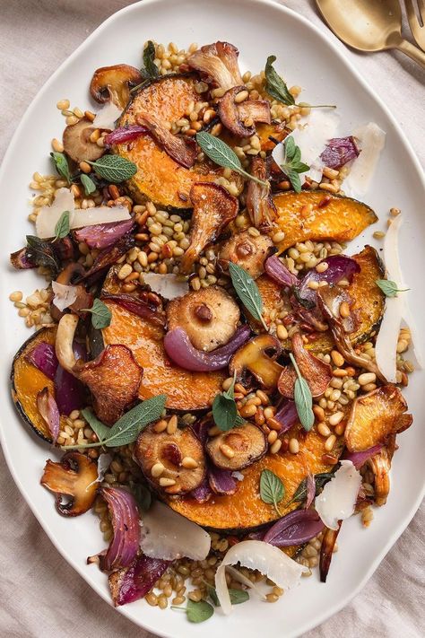 Warm Farro Salad with Roast Pumpkin & Mushrooms | This Little Plate. Fall Farro Salad, Warm Farro Salad, Farro Recipes, Fall Veggies, Roasted Onions, Farro Salad, Fried Mushrooms, Oregano Leaves, How To Cook Mushrooms