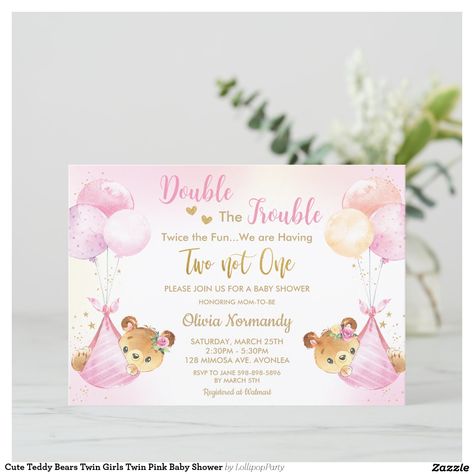 Personalize this whimsical twin baby girls cute bears baby shower / baby sprinkle invitation with your baby shower details easily and quickly, simply press the customize it button to further re-arrange and format the style and placement of the text.  Customize it for baby sprinkle, baby shower tea party or high tea and more!  All text except for Two not One is editable.  "Two not One" can be deleted if needed. Matching items available in store! (c) The Happy Cat Studio Baby Shower Details, Baby Shower Tea Party, Twin Baby Girls, Baby Sprinkle Invitations, Baby Shower Tea, Sprinkle Baby Shower, Pink Baby Shower Invitations, Baby Bear Baby Shower, Cute Teddy