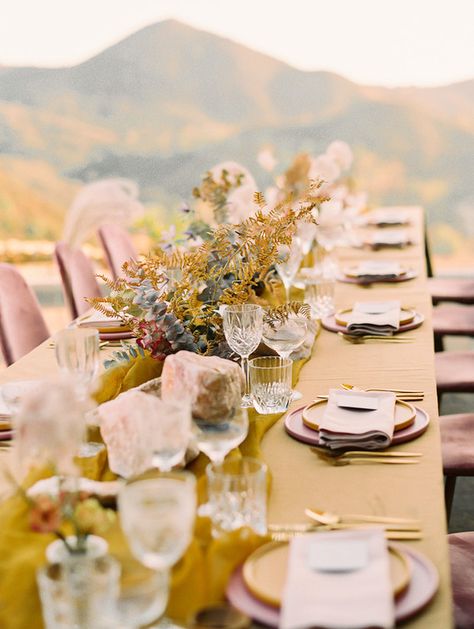 Ochre and mauve sunset elegance at Malibu Rocky Oaks Mustard Wedding Theme, Tummy Workouts, Mauve Wedding Colors, Mustard Wedding, Malibu Rocky Oaks, Dusty Yellow, Spring Shoot, Vineyard Weddings, Botanical Wedding Inspiration