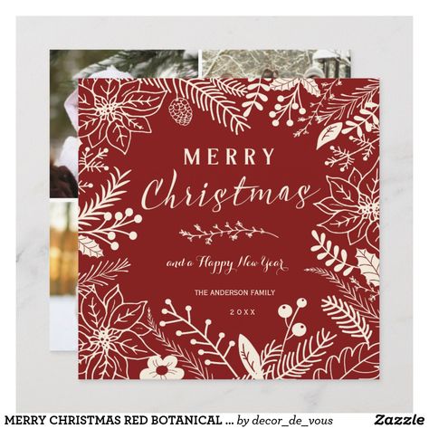 MERRY CHRISTMAS RED BOTANICAL SQUARE PHOTO COLLAGE HOLIDAY CARD Christmas Cards Elegant, Happy Holidays Card Design, Photo Xmas Cards, Red Christmas Cards, Classic Christmas Card, Red Christmas Card, Botanical Frame, Merry Christmas Poster, Traditional Christmas Cards