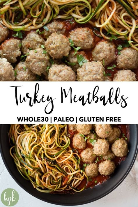 These Baked Paleo Turkey Meatballs are an easy weeknight meal option. They’re gluten free and whole 30 compliant, using almond flour in place of bread crumbs. Eat them on their own as appetizers or pair with marinara sauce and zoodles for a healthy dinner! #paleo #turkeymeatballs Turkey Meatballs Whole 30, Almond Flour Meatballs, Turkey Paleo Recipes, Turkey Meatballs Paleo, Whole30 Turkey Meatballs, Paleo Turkey Meatballs, Whole 30 Meatballs, Gluten Free Turkey Meatballs, Turkey Meatballs Healthy