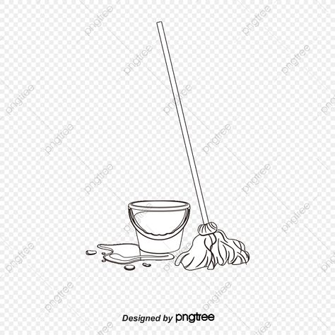 Bucket And Mop Tattoo, Mop Drawing, Line Drawing House, Bucket Drawing, Cleaning Drawing, Wing Drawing, Pink Flowers Background, Mop Bucket, Drawing Png