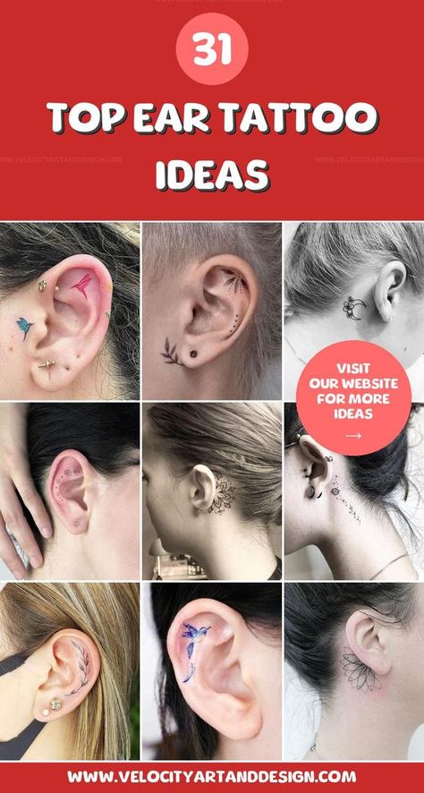 Tiny ear tattoos present an elegant choice for those seeking subtle body art. Delicate designs offer a unique way to express personal style while maintaining a minimalist aesthetic. On Ear Tattoos For Women, Tattoos On The Ear, Minimalist Tattoos Behind Ear, Nature Ear Tattoo, Dainty Ear Tattoos For Women, Witchy Ear Tattoo, Ear Tattoo And Piercings, Inner Ear Tattoo With Piercing, Earlobe Tattoos For Women