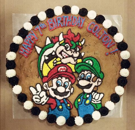 Mario Luigi and Bowser cookie cake Super Mario Bros Cookie Cake, Super Mario Cookie Cake, Mario Cookie Cake, Birthday Surprise For Mom, Super Mario Brothers Party, Mario Birthday Cake, Birthday Wishes For Brother, Birthday Cake For Husband, Super Mario Birthday Party