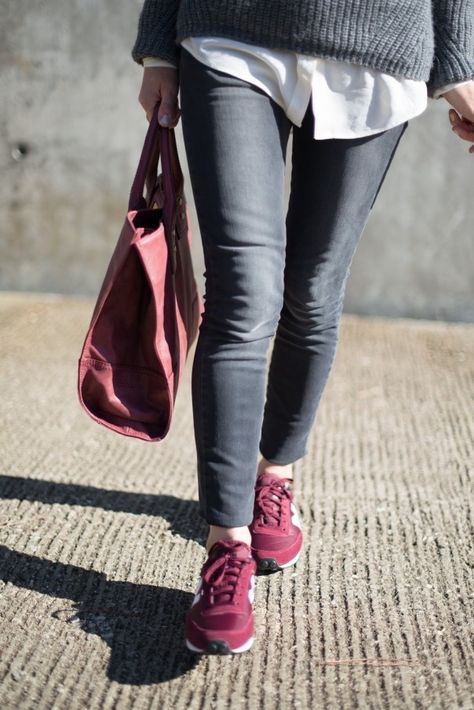 Burgundy Sneakers Women Outfit, Burgundy Sneakers Outfit, Tennis Shoes Outfit Work, Winter Sneakers Outfit, Tennis Shoe Outfits Summer, Maroon Shoes, Casual Tennis Shoes, Burgundy Sneakers, Black Tennis Shoes