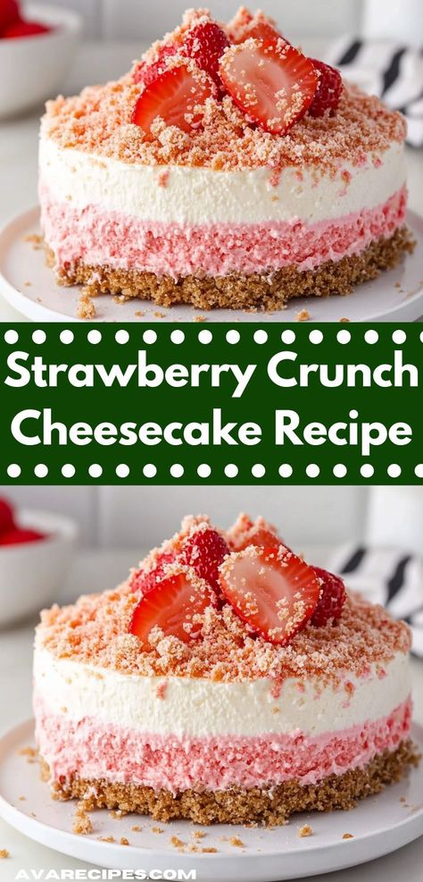 Craving a delightful dessert? This Strawberry Crunch Cheesecake Recipe is a delicious treat that combines creamy cheesecake with a crunchy topping, making it a perfect sweet indulgence for family gatherings or special occasions. Strawberry Crunch Cheesecake, Crunch Cheesecake, Strawberry Crunch Cake, Rich Cheesecake, Strawberry Crunch, Strawberry Things, Classic Cookies Recipes, Cheesecake Toppings, Crunch Cake