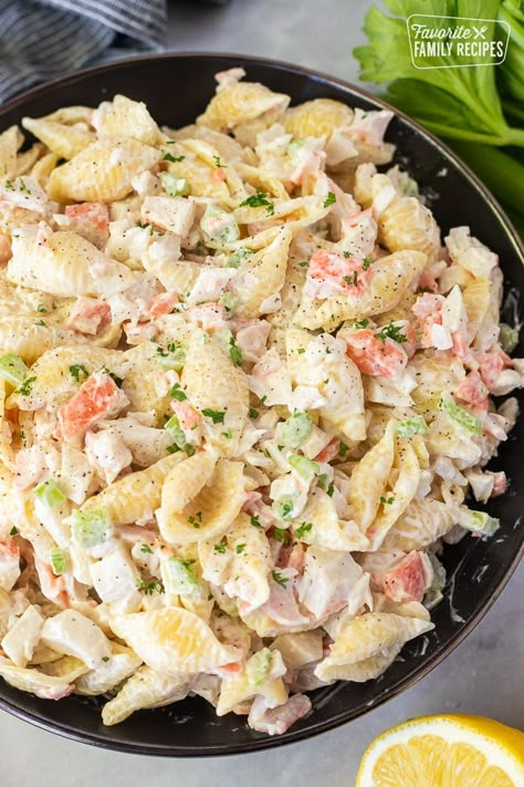 Carb Salad Recipes, Homemade Seafood Salad, Seafood Potluck Ideas, Recipe For Crab Salad, Healthy Summer Pasta Salad, Crab Noodle Salad, Shrimp Crab Salad, Shrimp And Crab Pasta Salad, Shell Pasta Salad Recipes