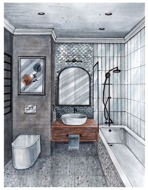 Bathroom Sketch, Interior Design Sketchbook, Furniture Design Sketches, Interior Design Student, Architectural Presentation, Architecture Drawing Plan, Drawing Interior, Interior Design Renderings, Interior Architecture Drawing