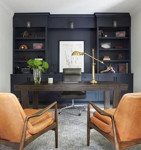 Arhaus Office Furniture, Men Office Ideas Home, Office With Shelves Behind Desk, Home Office With Desk In Center Of Room, Home Office Printer Storage Ideas, Home Office With Monitors, Black Office Design, Large Home Office Ideas, Modern Masculine Office