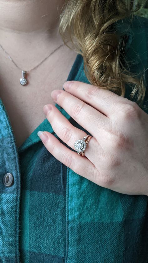 I made this antique-inspired halo engagement ring for my sister-in-law, and she chose a simple rose gold wedding band to stack with it. I love mixed metals! You don't have to worry about matching your jewelry when you intentionally mix metals. Wear what you love, what makes you feel good. Mixed Metal Wedding Rings Stack, Mixed Metal Wedding Rings, Mixed Metals Wedding, Rose Gold Wedding Band, Simple Rose, Custom Wedding Rings, Rose Gold Wedding Bands, Alternative Engagement Rings, Antique Inspiration