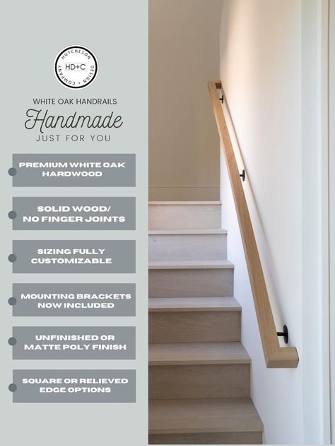 Traditional White Oak Handrail Staircase Custom Lengths Available 1.75 X 1.75 Clean Lines & Simple Look - Etsy White Oak Staircase, Handrail Staircase, Closed Staircase, Stair Handrail Brackets, Stairs Skirting, Wall Mounted Handrail, Oak Staircase, Oak Handrail, Wood Handrail