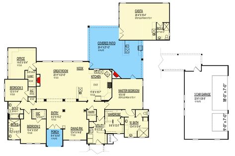 This one-story  Transitional house plan  gives you 4 beds, 4 baths and 3523 square feet of heated living space. A separate apartment / casita / in-law apartment is located off the outdoor living room and offers someone independent living. Architectural Designs' primary focus is to make the process of finding and buying house plans more convenient for those interested in constructing new homes - single family and multi-family ones - as well as garages, pool houses and even sheds and backyard offices.  Our website offers a vast collection of home designs, encompassing various architectural styles, sizes, and features, which can be customized to meet specific needs and preferences. We curate and add to our design portfolio every day as we work with hundreds of residential build Multiple Generation House Plans, Multi Generational House Plans In Laws, Multigenerational House Plans In Laws One Story, House With Mother In Law House, House Plans With In Law Suite, House Plans With In Law Suite One Story, Multigenerational House Plans In Laws, In Law Suite House Plans, Inlaw Suite Plans