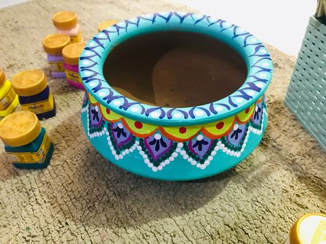 Recycling of biryani handi for beautiful plants Handi Pot Painting, Matka Pot Painting Ideas, Biryani Pot Painting, Biryani Pot Painting Ideas, Handi Decoration Ideas, Matka Decoration Pots Painting, Earthen Pot Painting Ideas, Pot Designs Painted Indian, Flower Pot Painting Ideas Creative