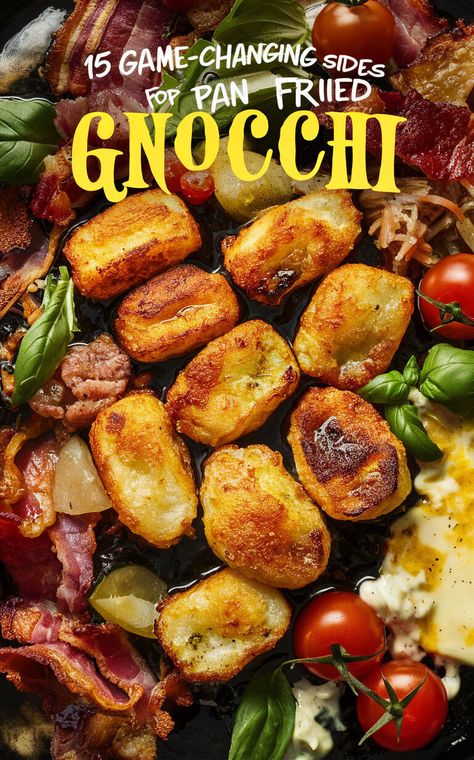 15 Mouthwatering Side Dishes to Serve With Pan Fried Gnocchi! 🍴😋 #gnocchi #sidedishes #yum Fried Gnocchi, Pan Fried Gnocchi, Sage Butter Sauce, Sweet Potato Gnocchi, Pan Fry, Cheesy Bacon, Sauteed Spinach, Gnocchi Recipes, Spicy Sausage