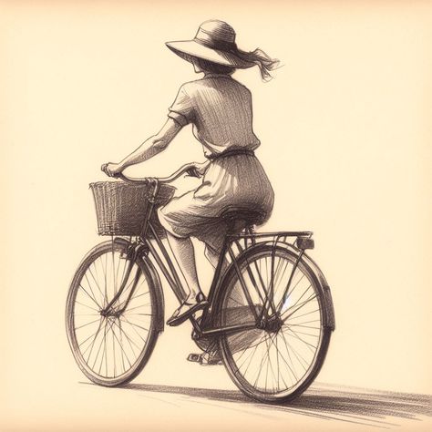 A pencil sketch of a woman riding a bicycle with a hat Person Riding Bike Drawing Reference, Cycle Sketch, For Drawing, Bicycle Drawing, Cycle Drawing, Stamp Drawing, Bike Drawing, Bike Sketch, Riding A Bicycle