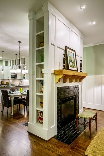 Built-Ins Between Two-Sided Fireplace Kitchen Design With Fireplace, Fireplace In The Middle Of The Room, Fireplace In Middle Of Room, Stone Bookshelf, Built In Bookshelves, Simple Fireplace, Two Sided Fireplace, Dream Farmhouse, Double Sided Fireplace