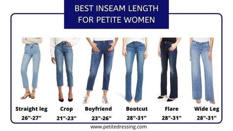 The Best Pants and Jeans Inseam Length for Petite Women Length Of Pants For Women, Length Of Jeans Women, Jeans Length Guide, Pants Length Guide, Jean Length Guide Style, Pant Length Guide Women, Jeans For Curvy Petite Women, Best Jeans For Short Curvy Women, Petite Wardrobe