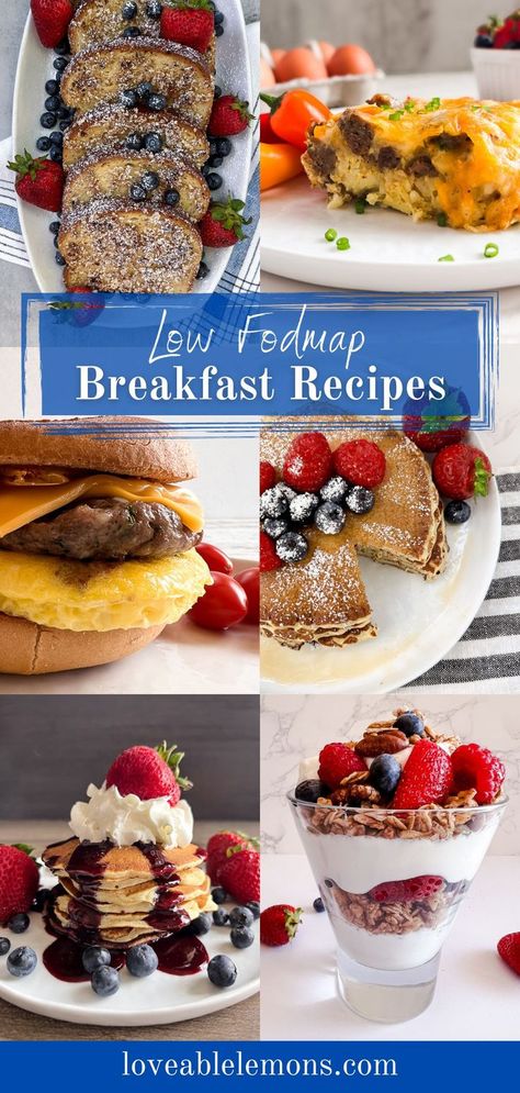 six photos of examples of low FODMAP breakfast recipes. Quick Low Fodmap Breakfast, Low Fod Map Breakfasts, Low Fodmap Brunch Recipes, Low Fodmap Brunch, Fodmap Diet Breakfast, Low Fodmap Omelette, Monash University Fodmap Diet, Low Fodmap Breakfast Ideas, Healthy Low Fodmap Recipes