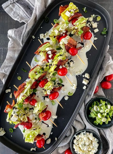 Wedge Salad on a Stick Salad On Stick, Wedge Salad Bar, Wedge Salad On A Stick, Salad Wedge Recipes, Wedge Salad Appetizer, Wedge Salad Skewers, Mini Wedge Salad, Piyo Meal Plan, Salad On A Stick