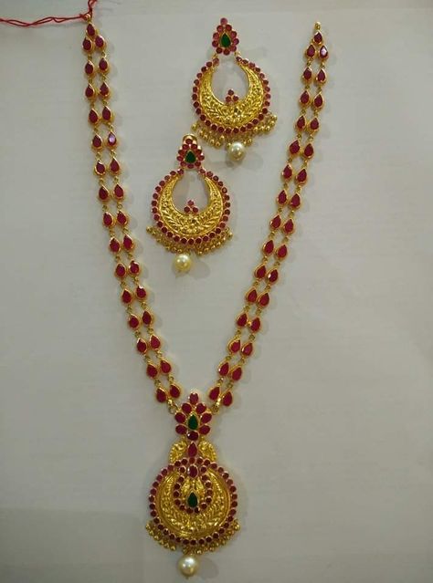 Kempula Necklace Designs, Kempula Haram Designs, Ruby Haram, Beads Haram, Mala Designs, Ram Temple, Ruby Necklace Designs, Ruby Chain, Gold Ruby Necklace