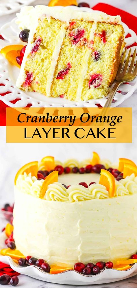 This Cranberry Orange Layer Cake is tender, fluffy and full of flavor! It’s a wonderful mix of sweet and tart and such a festive cake for the holidays! Cranberry Dessert Recipes, Orange Cranberry Cake, Dessert Recipes Christmas, Cranberry Desserts, Cranberry Recipes Dessert, Cranberry Cake Recipe, Orange Layer Cake, Christmas Baking Ideas, Easy Holiday Desserts Christmas