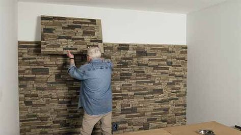 man installing a faux stone accent wall Rock Accent Wall, Faux Stone Accent Wall, Accent Wall Diy, Stone Accent Wall, Faux Stone Walls, Stone Accent Walls, Diy Tips, Faux Stone, Diy Home Improvement