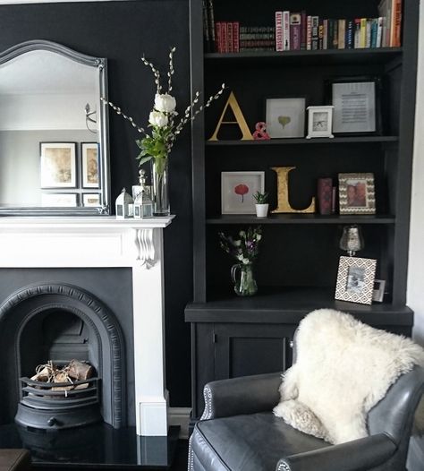 Black alcove shelving fireplace living room mirror fur leather chair furniture Black Alcove Shelves, Black Alcoves Living Room, Shelving Fireplace, Alcove Ideas Living Room, Alcove Ideas, Alcove Shelves, Modern Kitchen Colours, Alcove Shelving, Living Room Mirror