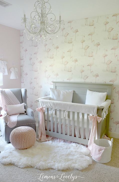 Gray and Pink Girl Nursery: blush tones, fun flamingo wallpaper, and lots of lovely neutrals make this a serene and beautiful space for any baby girl! Baby Nursery Wallpaper, Flamingo Nursery, Flamingo Decor, Baby Sleep Problems, Nursery Wallpaper, Nursery Inspiration, Baby's Room, Cole And Son