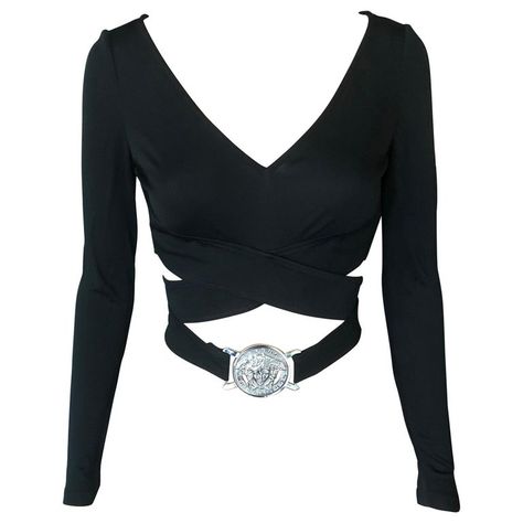 Versace S/S 2005 Embellished Belted Plunging Wrap Crop Top | See more vintage Crop Tops at https://www.1stdibs.com/fashion/clothing/shirts/crop-tops in 1stDibs Versace Outfit Women, Versace Clothes, 2005 Fashion, Versace Tops, Versace Top, Versace Vintage, Black Corset Top, Rock Outfit, Vintage Versace