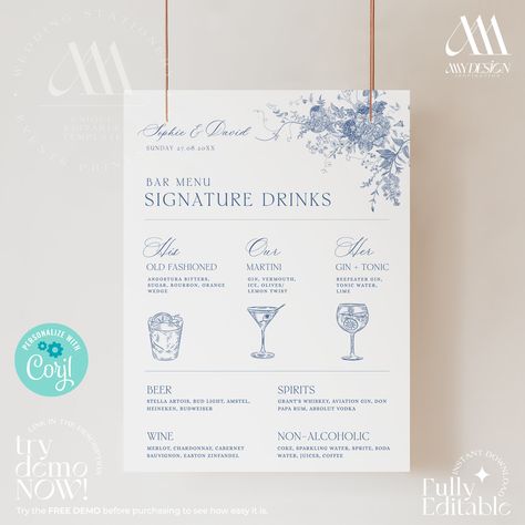 "Minimalist Wedding Signature Drink Sign Template, Elegant Signature Cocktail Sign, Something Blue Wedding Drink Sign Printable D015 Unveil the true spirit of your extraordinary celebration with our captivating Signature Drink Sign Template Something Blue Wedding. This delightful creation seamlessly blends Classic & Formal, Modern & Elegant, and Simple & Minimalist themes, capturing the essence of all-season renewal with a mesmerizing White & Blue color scheme adorned by enchanting something blu Our Signature Drink Sign, Blue Cocktails For Wedding, Something Blue Drink Signature Cocktail, Blue Signature Cocktails, Blue Signature Wedding Drinks, Custom Wedding Drinks Signature Cocktail, Specialty Cocktails Wedding Sign, Signature Wedding Drinks Sign, Elegant Signature