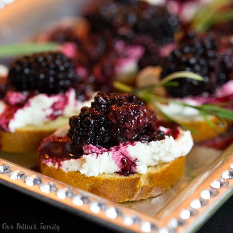 Blackberry Goat Cheese Crostini - Our Potluck Family Blackberry Goat Cheese, Cheese Crostini, Speakeasy Party, Goat Cheese Crostini, Crostini Appetizers, Gluten Free Puff Pastry, Crostini Recipes, Peach Syrup, Strawberry Salad