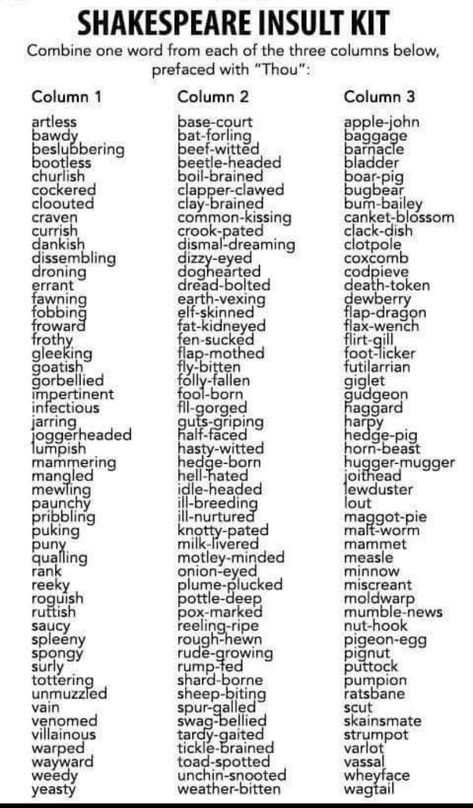 Nancy Toby on Twitter: "I think a @TheRickWilson insult kit could be developed along these lines, with a few more select pejoratives.… " Insulting Words, Fic Inspiration, Shakespeare Words, Writing Dialogue Prompts, Good Vocabulary Words, Writing Inspiration Prompts, Good Vocabulary, Writing Dialogue, English Writing Skills