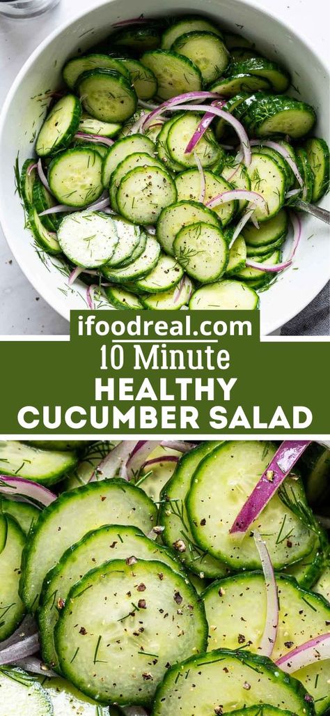 This Healthy Cucumber Salad with sliced cucumbers, onions, fresh dill and a touch of vinegar comes together in 10 minutes. The perfect crispy summer side dish! Cucumber Dill Salad Vinegar, Cucumber Salad Dairy Free, Cucumber Vinegar Salad, Cucumber Salad Healthy, Cucmber Salad, Healthy Cucumber Salad, Cucumber Onion Salad, Cucumber Salad Vinegar, Easy Cucumber Salad