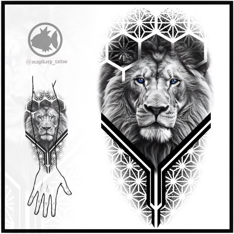 Lion Back Tattoo Design, Lion Geometric Design, Geometric Animal Tattoo Design, Geometric Realism Tattoo, Geometric Animal Tattoo, Tatoo 3d, Arm Tattoos Drawing, Geometric Lion Tattoo, Tiger Tattoo Sleeve