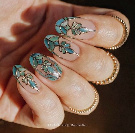 blue and green and gold stain glass nails #nailsofinstagram #acrylicnails #acrylicnaildesigns #goldnails Mehendi Nails, Stained Glass Nails, Stained Nails, Glass Nails Art, Glass Nails, Nail Art Inspo, Get Nails, Nail Stuff, Cool Nails