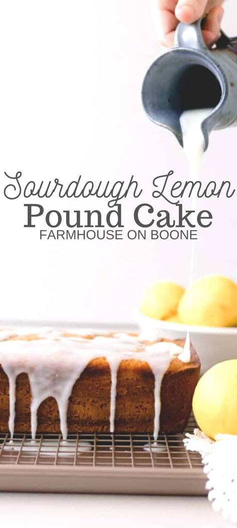 Enjoy this deliciously sweet sourdough pound cake topped with a lemon glaze. You can use sourdough starter or sourdough discard for this recipe, which will boast a bright, fresh pop of lemon flavor perfect for spring. #famrhouseonboone #sourdoughpoundcake #sourdough #poundcake Sourdough Lemon Pound Cake, Sourdough Lemon Loaf, Sourdough Lemon Cake, Sourdough Pound Cake, Lemon Sourdough, Lemon Poppy Muffins, Sourdough Lemon, Use Sourdough Starter, Blueberry Loaf Cakes