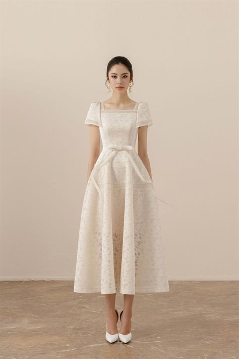 Esme Dress White Dress Church, A Line Silhouette Dress, Elegant Dress Outfits, Cute Midi Dresses, Elegant Outfit Dress, Beige Dress Outfit, Formal Ootd, Luxurious Dress, Filipiniana Dress