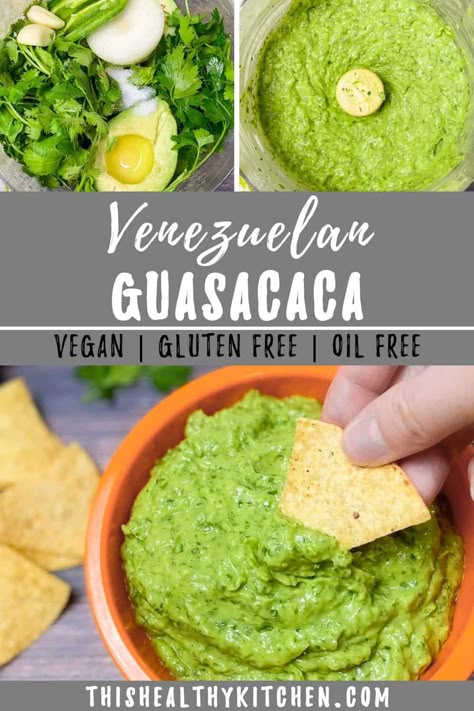 Learn how to make Venezuelan guacamole, otherwise known as Guasacaca (or wasakaka). This "venezolana receta" is the ultimate dip for dunking chips and veggies, or spread for your grilled foods, burgers and sandwiches. This recipe is simple to make, ready in less than 10 minutes, and the only salsa recipe you'll ever need. Enjoy it chunky or smooth, but either way it's rich, tangy, flavourful and as an added bonus, it's naturally vegan and gluten free, perfect for your next potluck or BBQ. Guasacaca Recipe, Vegan Dips, Grilled Foods, Oil Free Vegan Recipes, Venezuelan Food, Gluten Free Appetizers, Meatless Dinner, Healthy Dips, Thanksgiving Meal