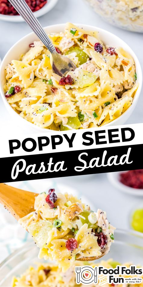 The pasta salad is a beautiful mix of ingredients that perfectly complement each other. Cooked bowtie pasta serves as the base with the addition of savory chicken, sweet grapes and craisins, crunchy slivered almonds, and fresh green onions. Sweet Bowtie Pasta Salad, Pasta Salad With Grapes, Chicken Bowtie Pasta, Bow Tie Pasta Recipe, Bowtie Pasta Salad, Creamy Fruit Salads, Classic Potato Salad, Types Of Salad, Zesty Sauce