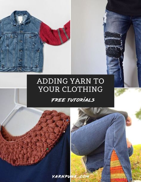 Learn how to upcycle your clothing by adding yarn to them with this free crochet and knit tutorial! You can find free crochet patterns for coats, pants, gloves and more. This is the art style of Yarn Punk. A great way to add some life to your clothing and being green for the earth. Super easy and beginner friendly photo tutorials included. Upcycle Shirt With Crochet, How To Add Crochet To Clothing, Crochet Onto Clothes, Crochet Embellishments Clothing, Punk Crochet Patterns, Punk Crochet Patterns Free, Mindful Crochet, Friendly Photo, Knit Tutorial