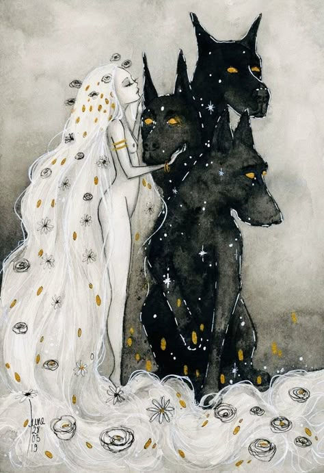 Persephone And Cerberus, Persephone Cerberus, Goddess Persephone, Persephone Art, A Touch Of Darkness, Touch Of Darkness, Hades Persephone, Witchy Art, Witchy Wallpaper