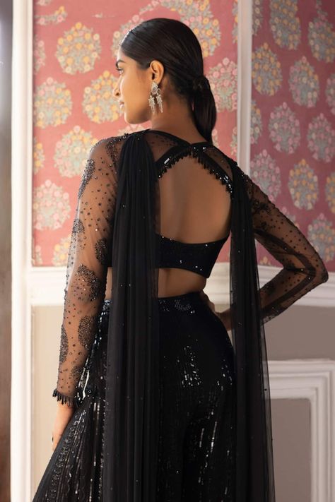 Buy Black Georgette Hand Embroidered Sequins Scoop Neck Blouse Sharara Set For Women by Basanti - Kapde Aur Koffee Online at Aza Fashions. Choker Dupatta, Georgette Sharara, Scoop Neck Blouse, Full Sleeve Blouse, New Saree Blouse Designs, Georgette Dupatta, Traditional Indian Outfits, Scoop Neck Blouses, Stylish Blouse Design