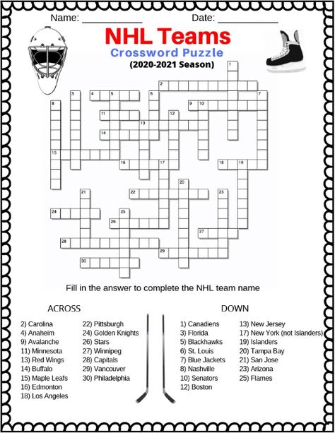 Pin for a free printable NHL teams hockey crossword puzzle Hockey Printables Free, Hockey Tournament Ideas Fun, Hockey Activities For Kids, Hockey Printables, Hockey Manager, Hockey Locker, Hockey Awards, Hockey Camp, Hockey Crafts