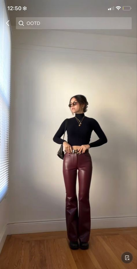 Red Leather Jeans Outfit, Mock Neck Jewelry, Leather Trousers Outfit Brown, Burgundy Pants Black Top, Gold Jewelry Black Outfit, Maroon Pants Outfit Aesthetic, Red Black Brown Outfit, Red Top Leather Pants, Maroon Leather Leggings Outfit