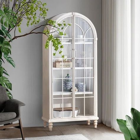 White Tall Display Cabinet | Wayfair White China Cabinets, Tall Display Cabinet, White Display Cabinet, Wooden Lockers, Display China, Glass Bookcase, Curio Cabinet Decor, White Boutique, Home Bar Cabinet