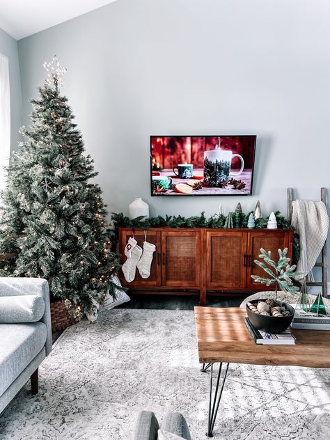 Living room holiday decor Tv Table Christmas Decor, Christmas Decor Tv Console, Tv Console Christmas Decor, Tv Stand Christmas Decor, Target Decor, Glam Christmas Decor, Target Christmas, Glam Christmas, Christmas Decorations Living Room