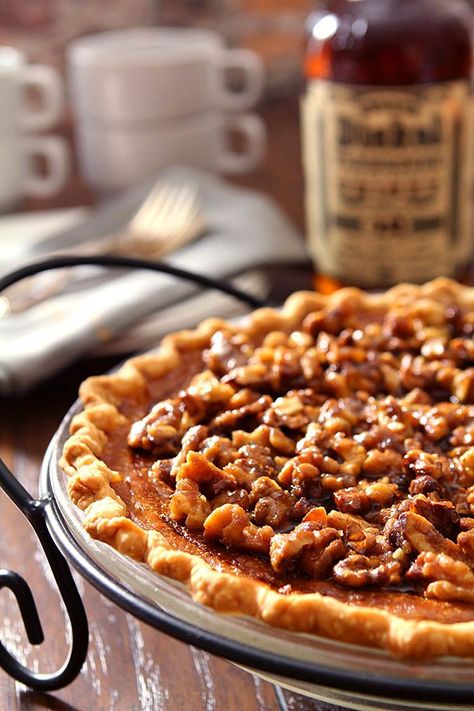 Bourbon Pumpkin Pie with Walnuts. Pin this dessert recipe for your next holiday dinner. Bourbon Pumpkin Pie, Pumpkin Filling, Colorado Food, Bourbon Sauce, Pecan Topping, Walnut Recipes, Pumpkin Pie Recipes, Sweet Pie, Toasted Walnuts